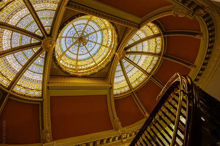 Looking up the elegant spiral staircase in the Executive Office building in the White House complex.