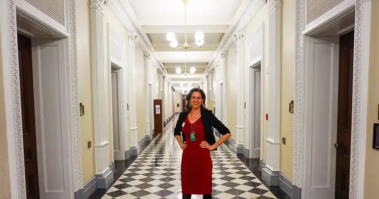 Feeling executive-like while hobnobbing in the Executive Office building of the White House. (The blazer helps, too!)