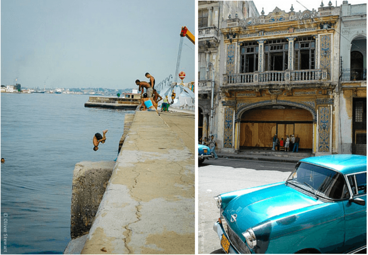 Ahh, Havana: A kid diving head-first into the sea, and a classic car in front of an ornate relic of a building.