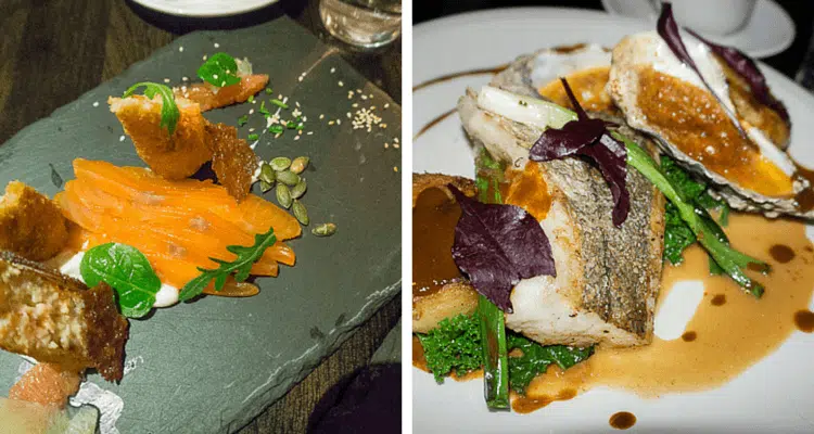 On the left, whiskey-cured salmon, and at right, locally-caught fish and a scrumptious oyster!