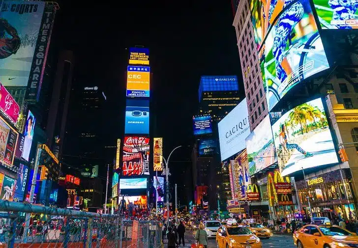 Even the construction zones of Times Square look pretty at night.