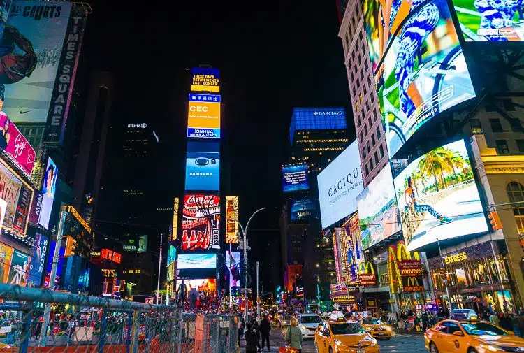 Even the construction zones of Times Square look pretty at night.