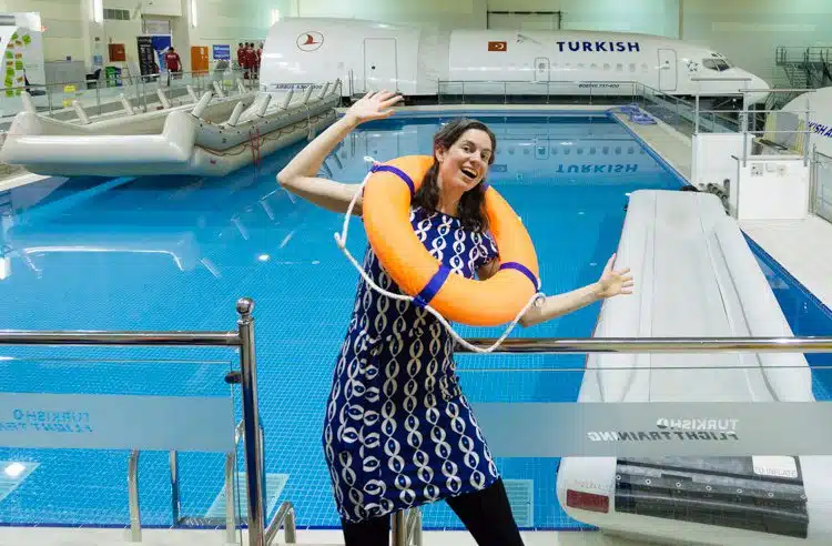 Where Turkish Airlines flight attendants practice evacuation for a water landing.