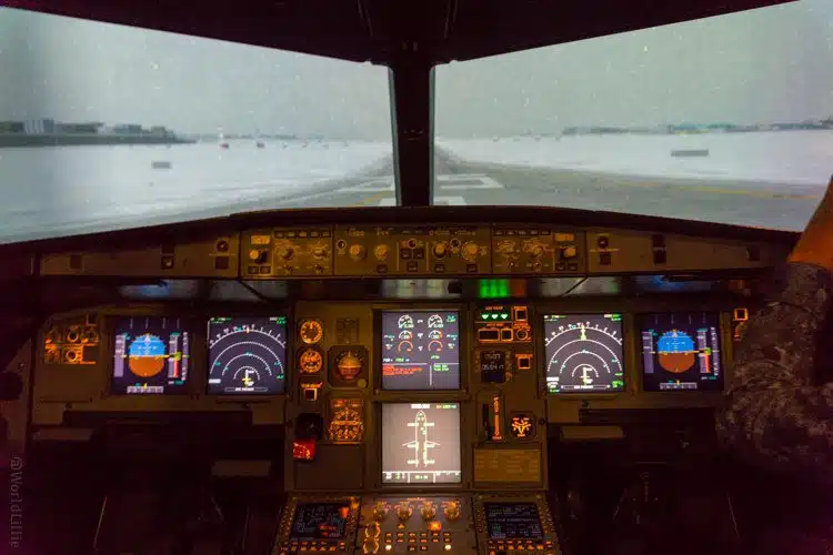 In the flight simulator, a press of the button changes the weather. Here: snow.