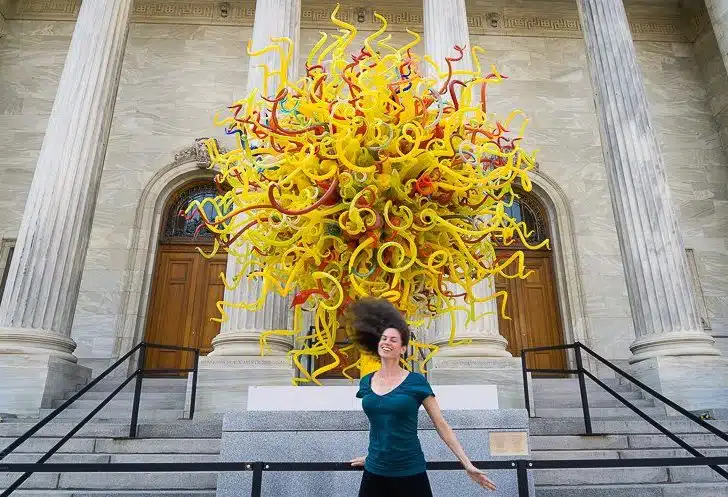 The famous yellow Chihuly sculpture outside the Museum of Fine Arts.