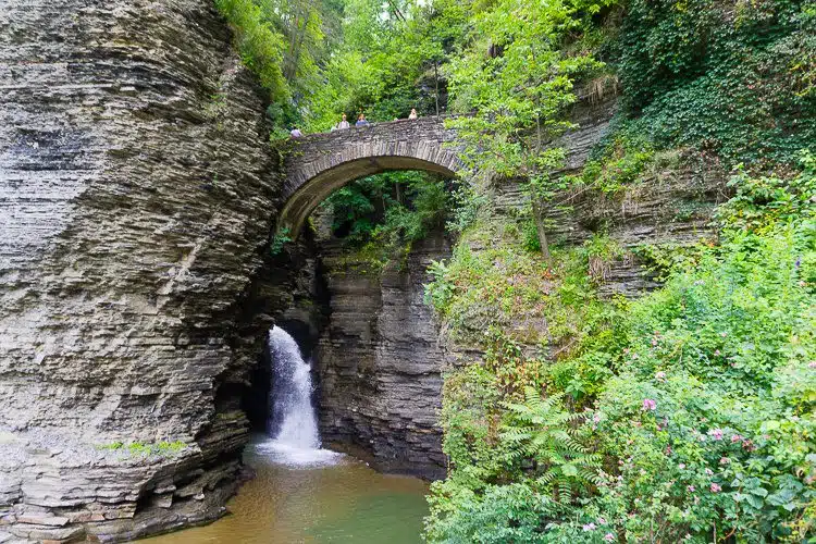 Watkins Glen State Park stone arch bridge and waterfall