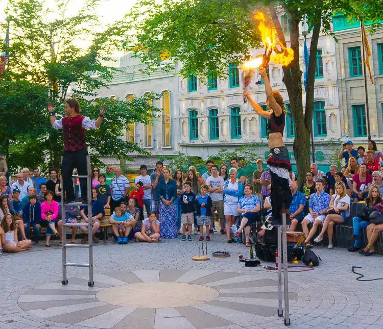 Fire-juggling street performers. 