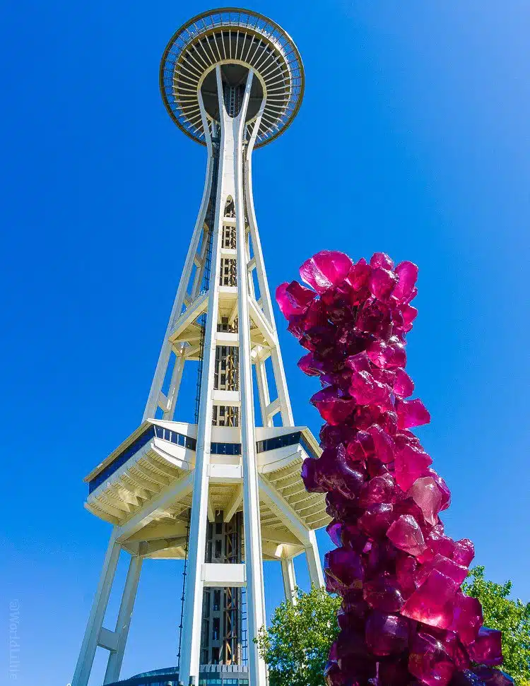 Space Needle and magenta glass geode. 