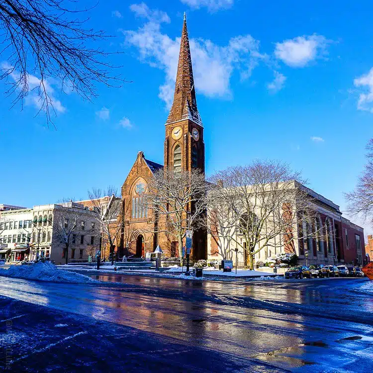 Northampton, MA church and blue sky: Weekend getaways in New England
