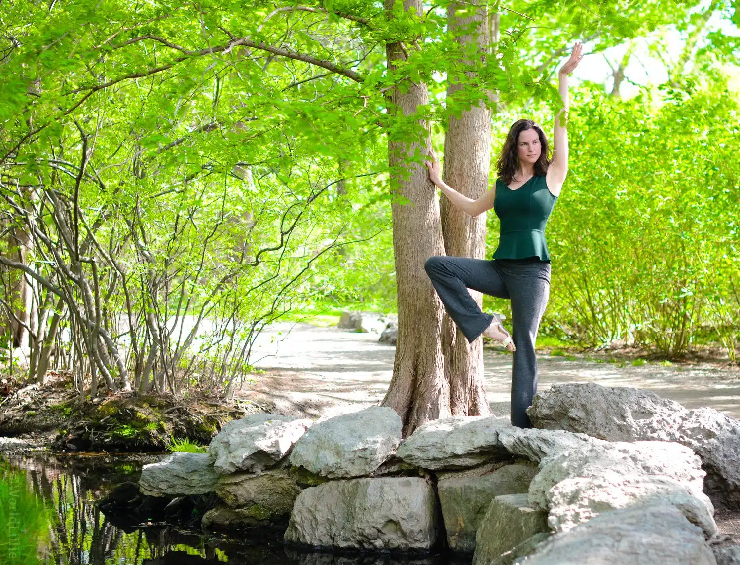 These dress pants are also yoga pants! Perfect for randomly poses by the side of a river.