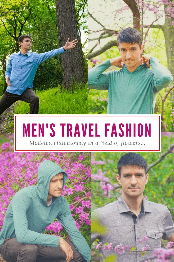 Men's travel clothes ideas can blossom from this male modeling fashion photoshoot amid spring flowers in Boston! 