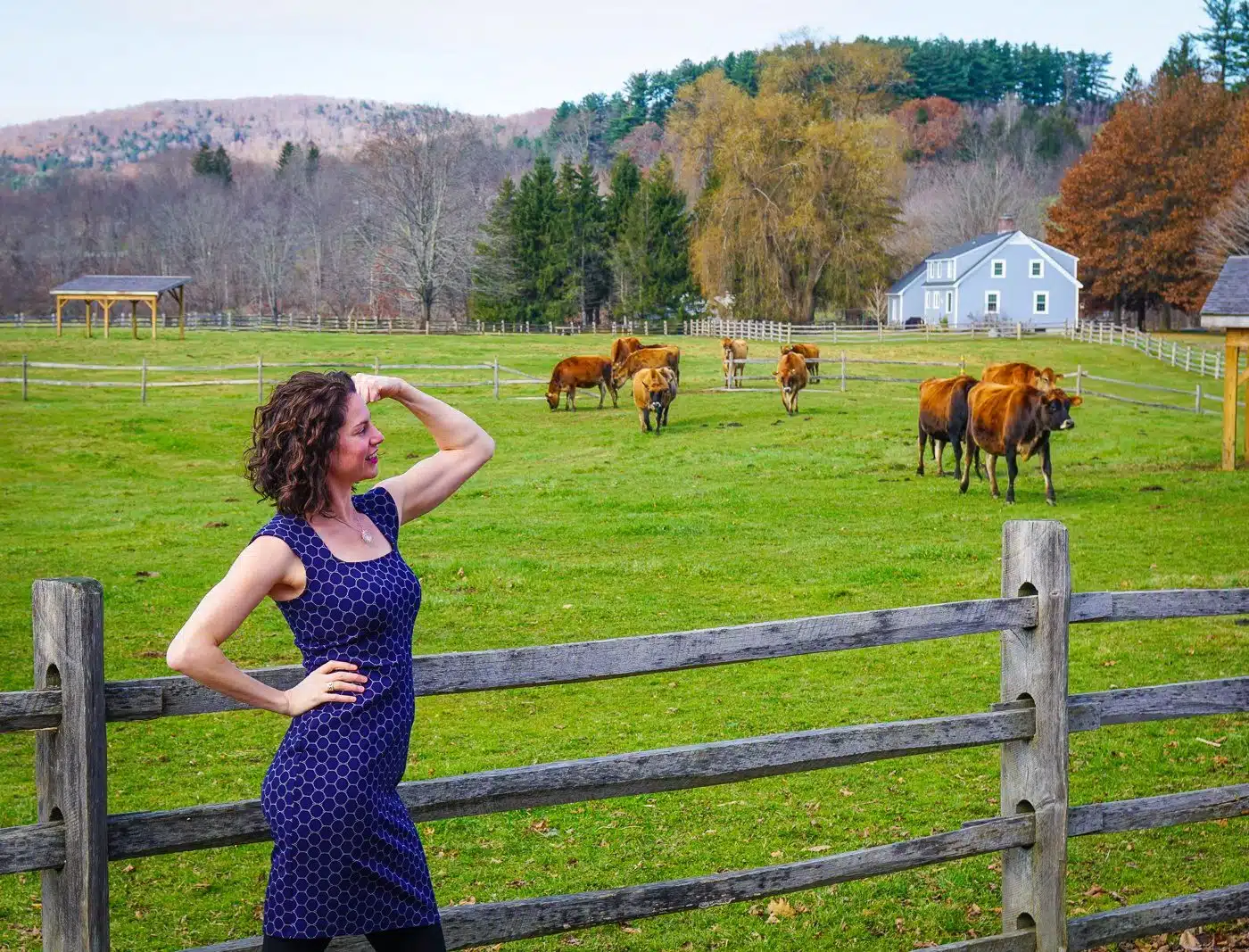 Flexing my biceps in a dress at Billings Farm, Woodstock, VT.