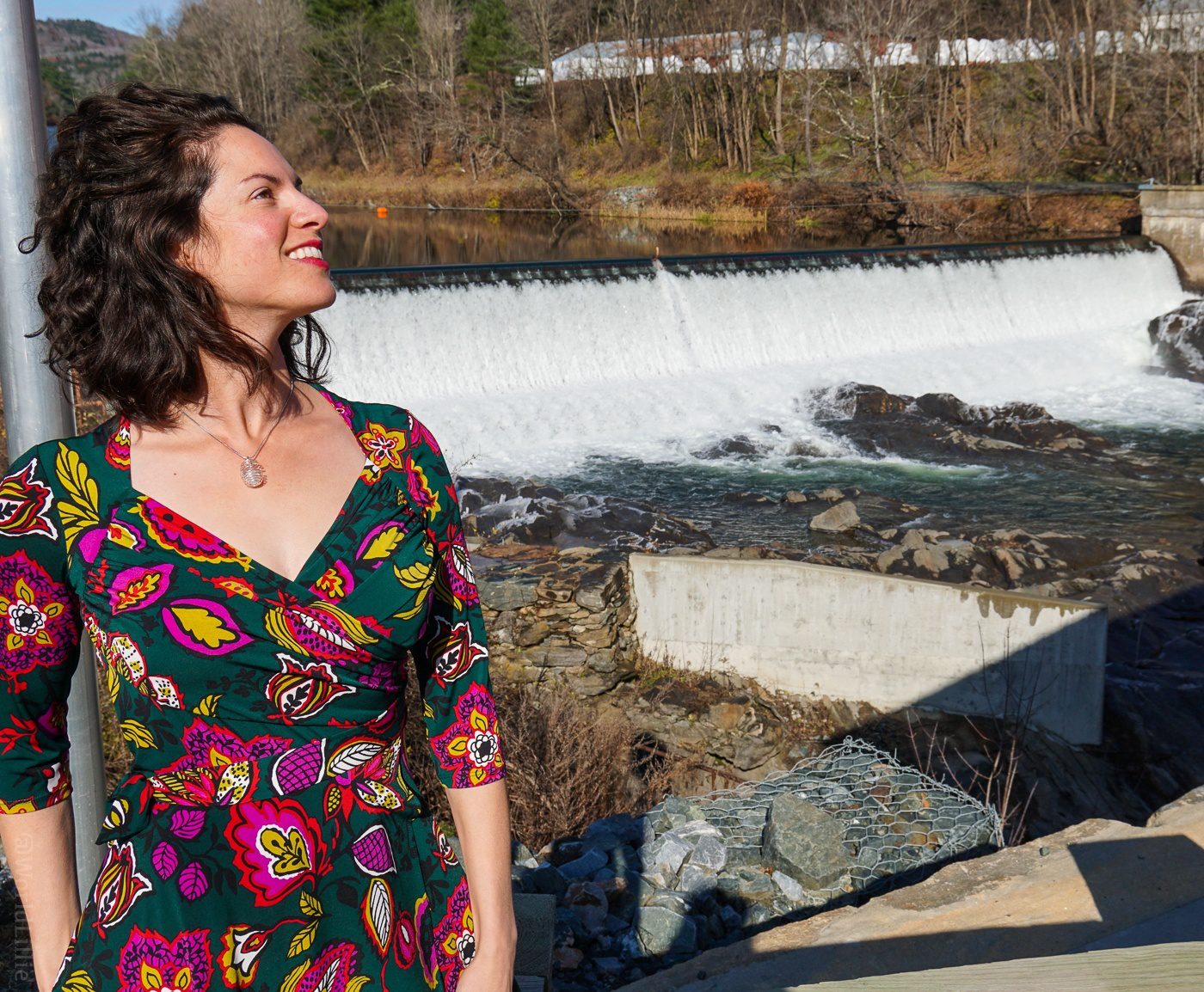 The waterfall next to the Taftsville Covered Bridge, with my travel dress!