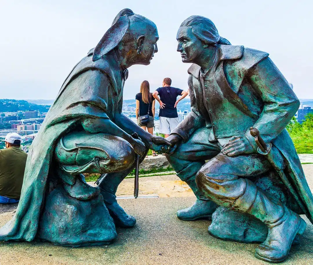 The famous Pittsburgh "Point of View" sculpture of Washington and the Seneca leader, Guyasuta.