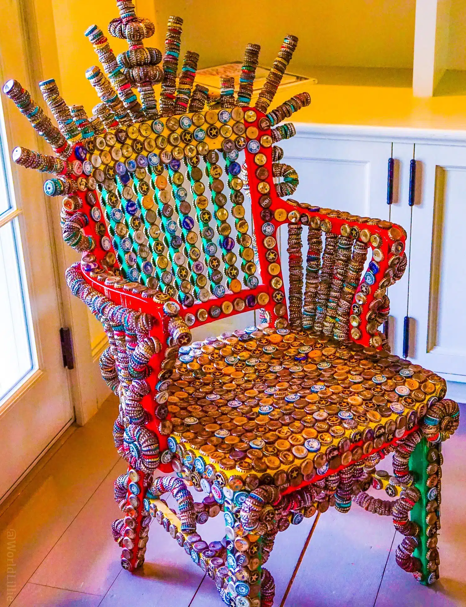 Bottle cap art: Modern art chair from recycled materials at the Red Lion Inn.