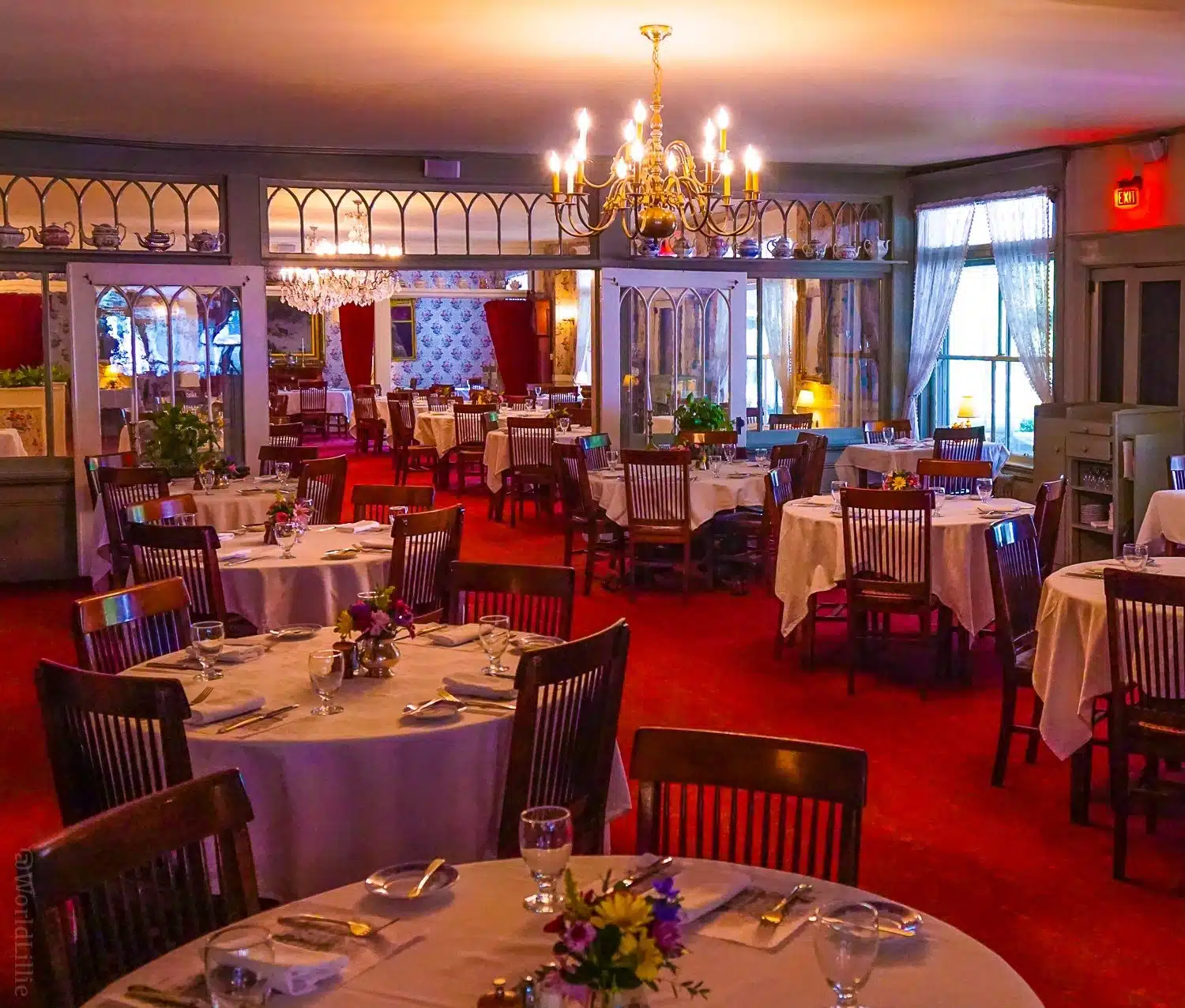 Red carpet in the Main Dining Room of the Red Lion Inn, Stockbridge, MA with chandeliers!