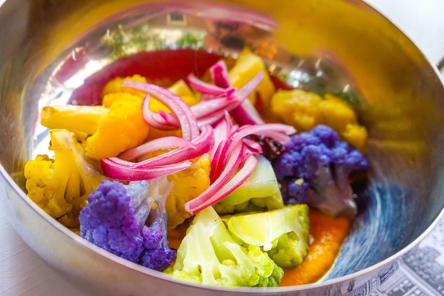 Multicolored cauliflower and onion appetizer in a silver bowl at the Red Lion Inn, Stockbridge, MA