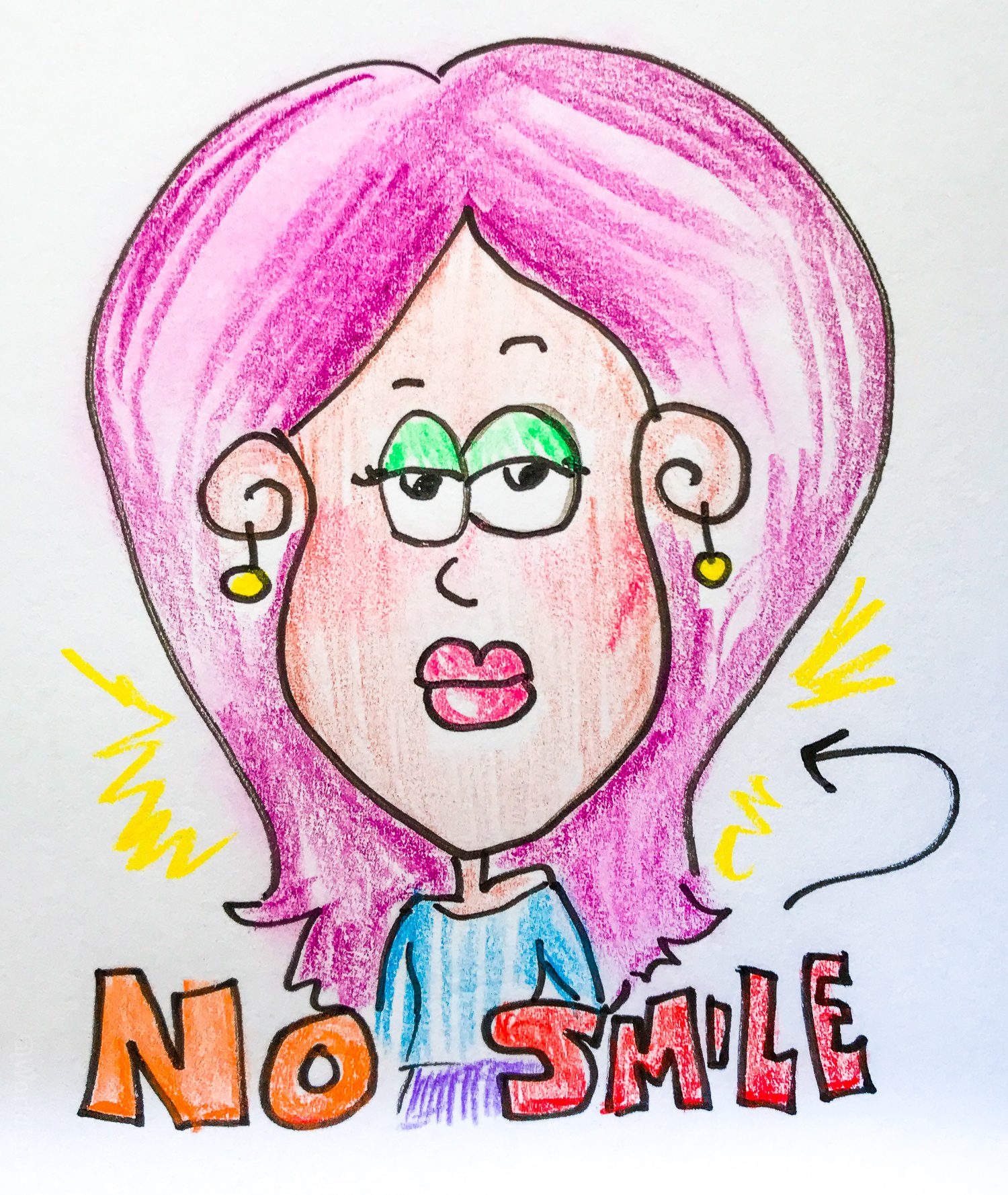 No smile cartoon female poses for pictures