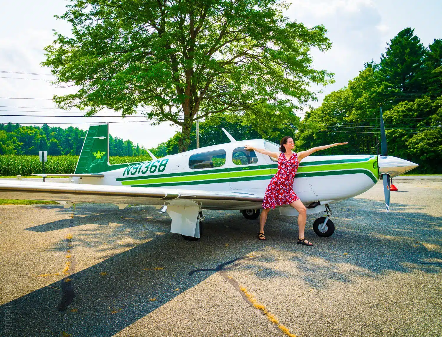 Tiny green plane and red dress