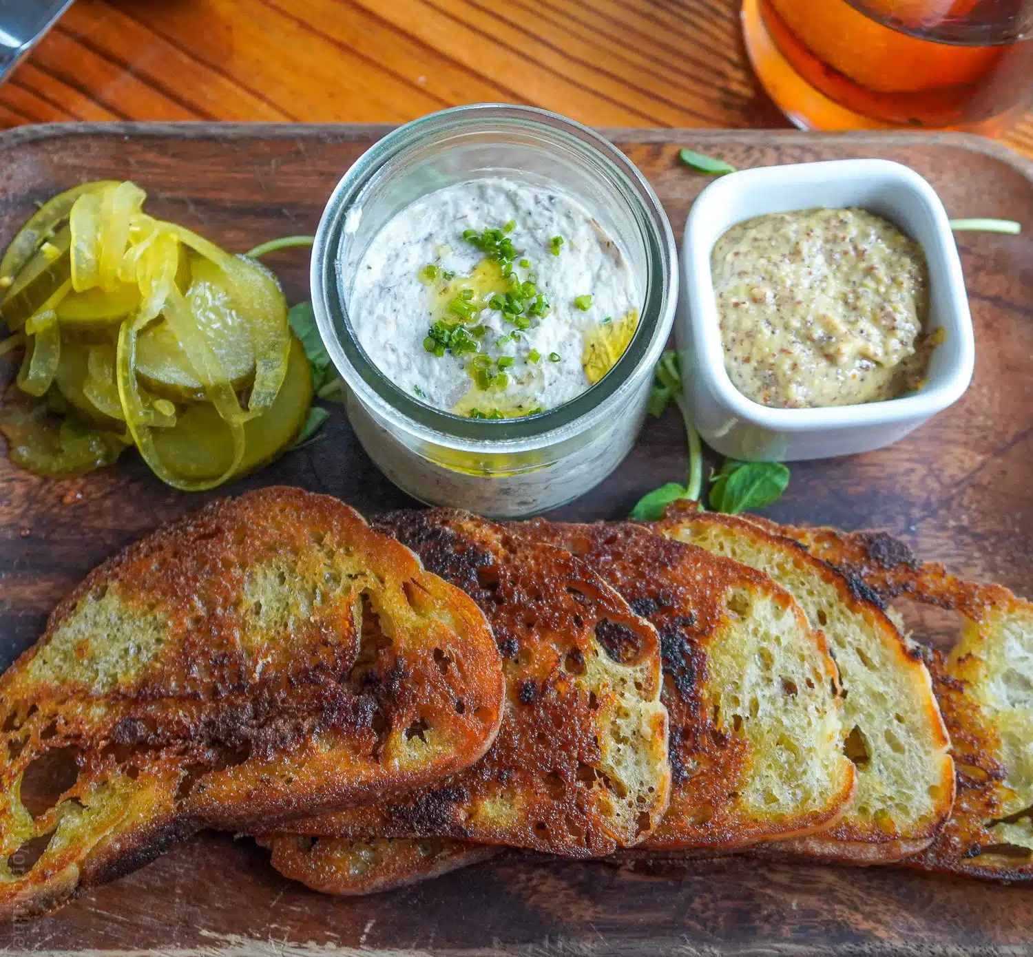 Smoked bluefish pate, mustard, pickles, and toast at Water Street.