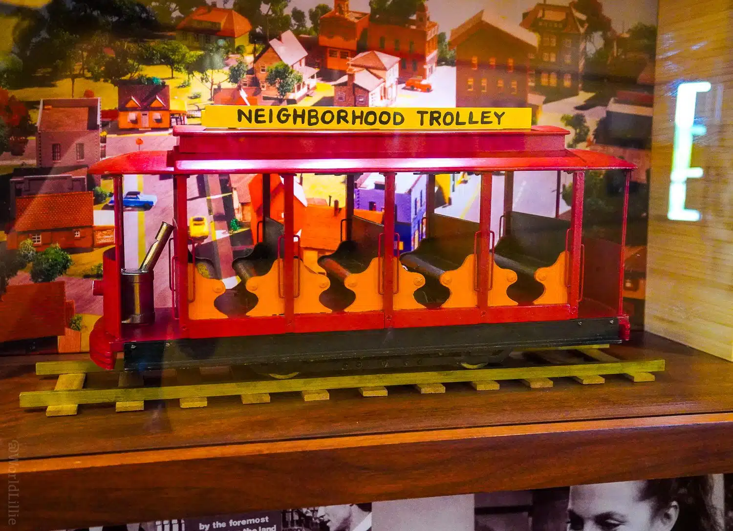 A close-up of the Neighborhood Trolley from Mister Rogers.
