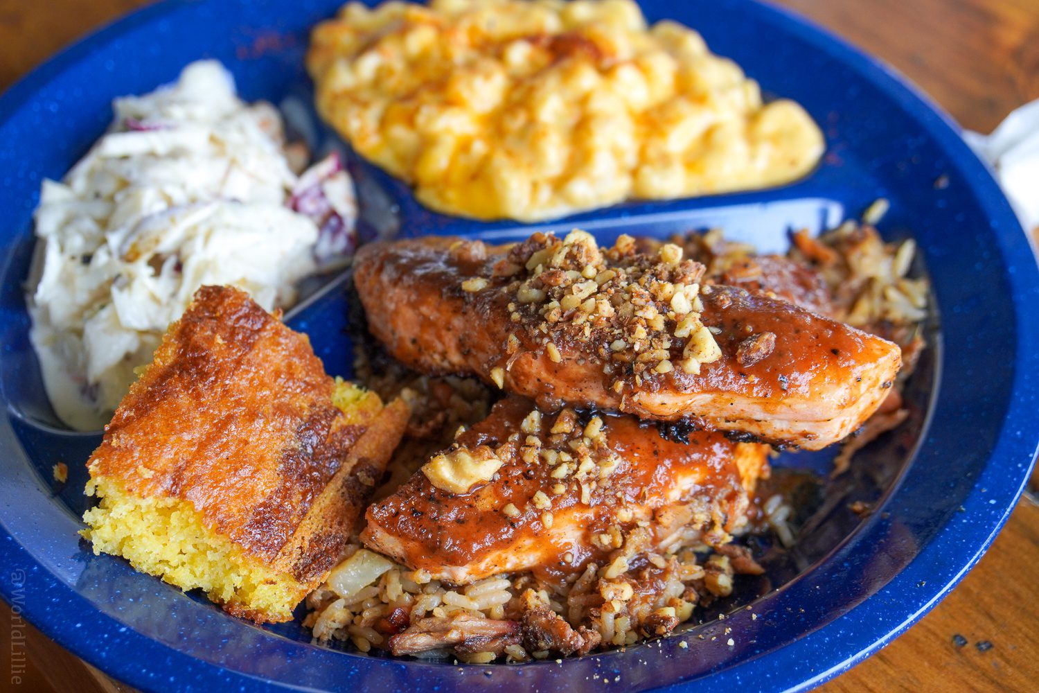 The Jerk Salmon plate with mac and slaw.