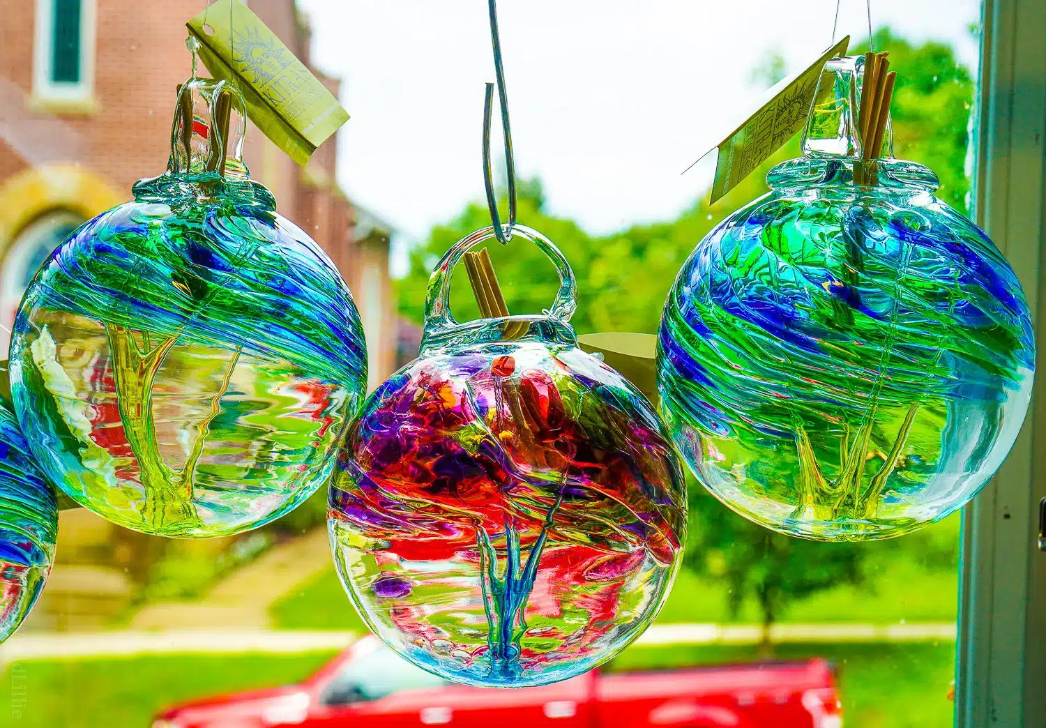 Glass ornaments by the window.