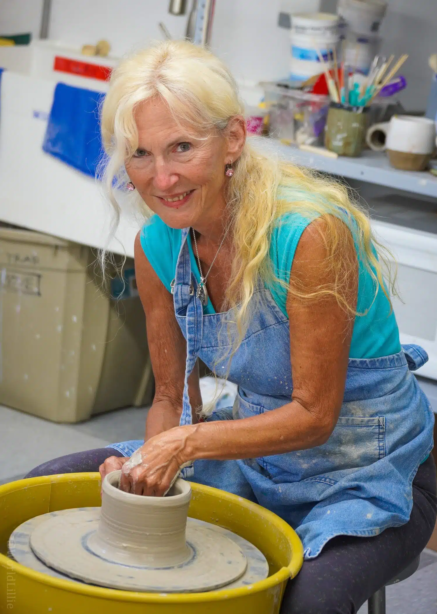 Alexis offers pottery classes in the lower floor.