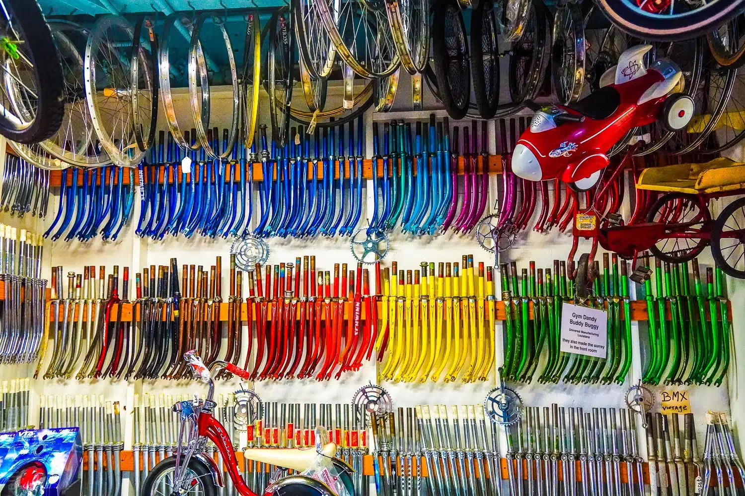 Bike parts in candy colors.