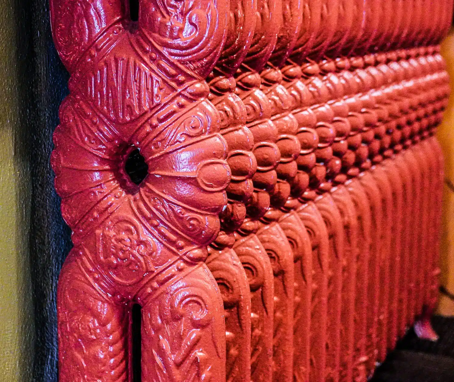 An ornate radiator inside Ligonier Tavern.