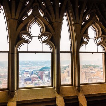 Windows at the upper floors of the Cathedral of Learning.