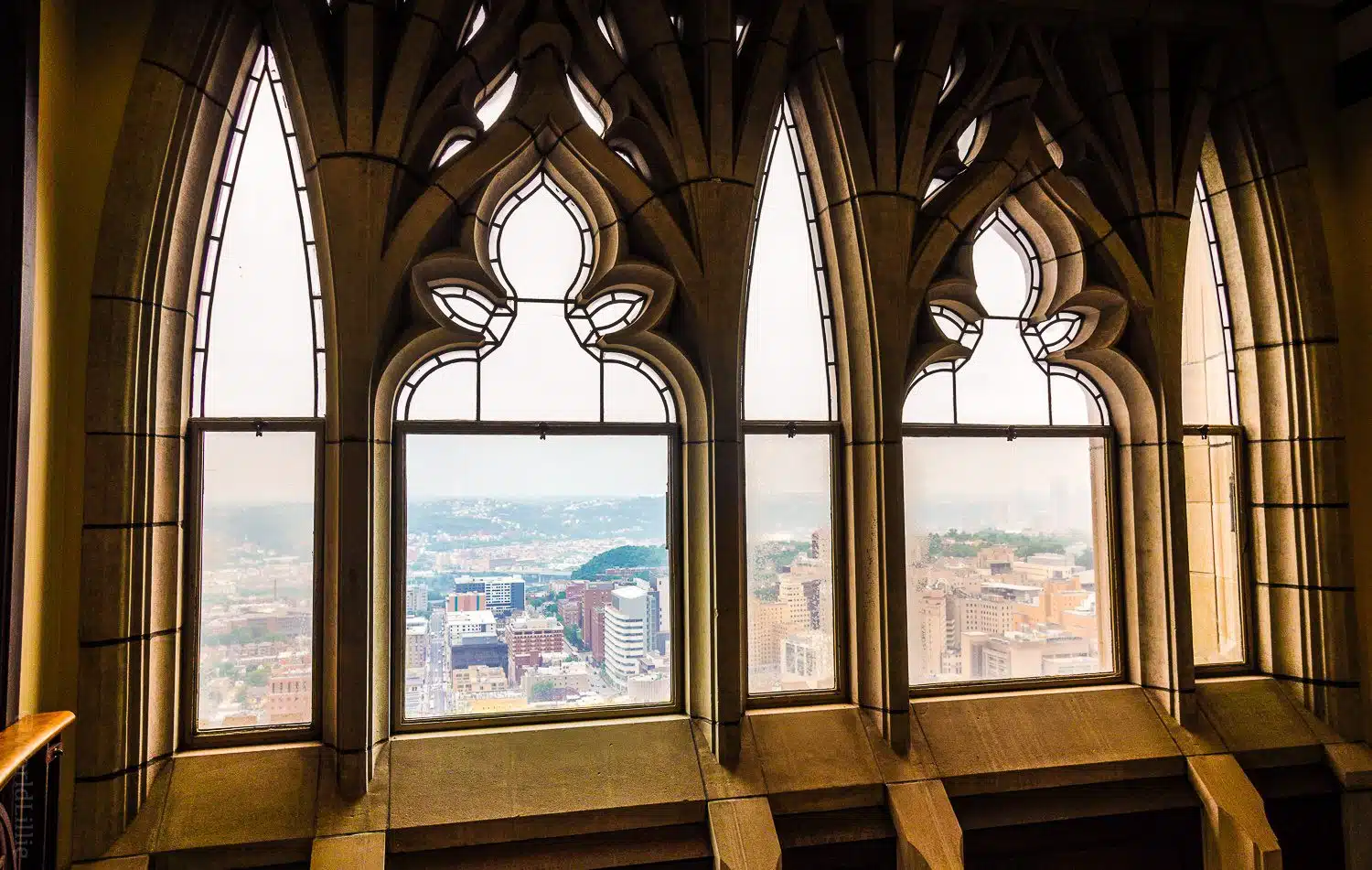 Windows at the upper floors of the Cathedral of Learning.