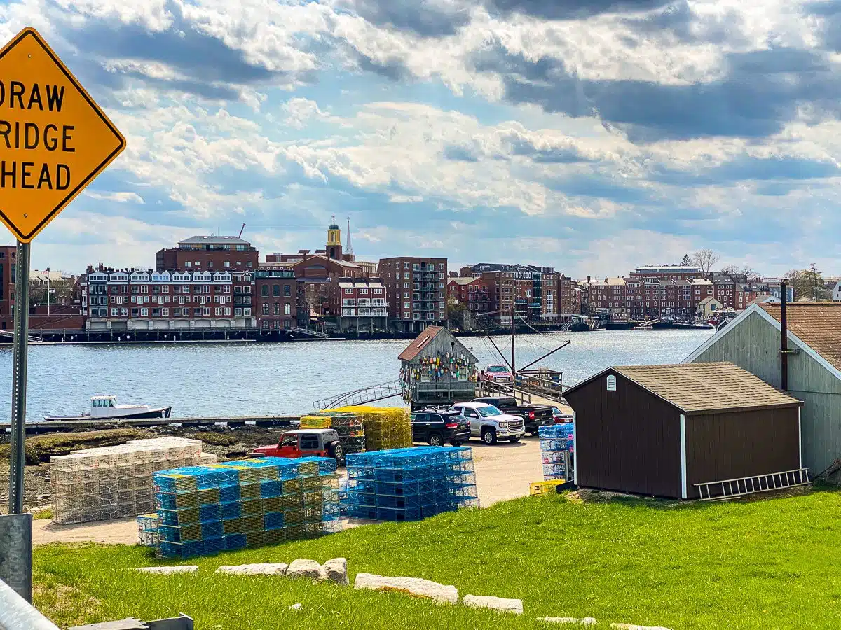 Portsmouth, NH in back, lobster traps in front!