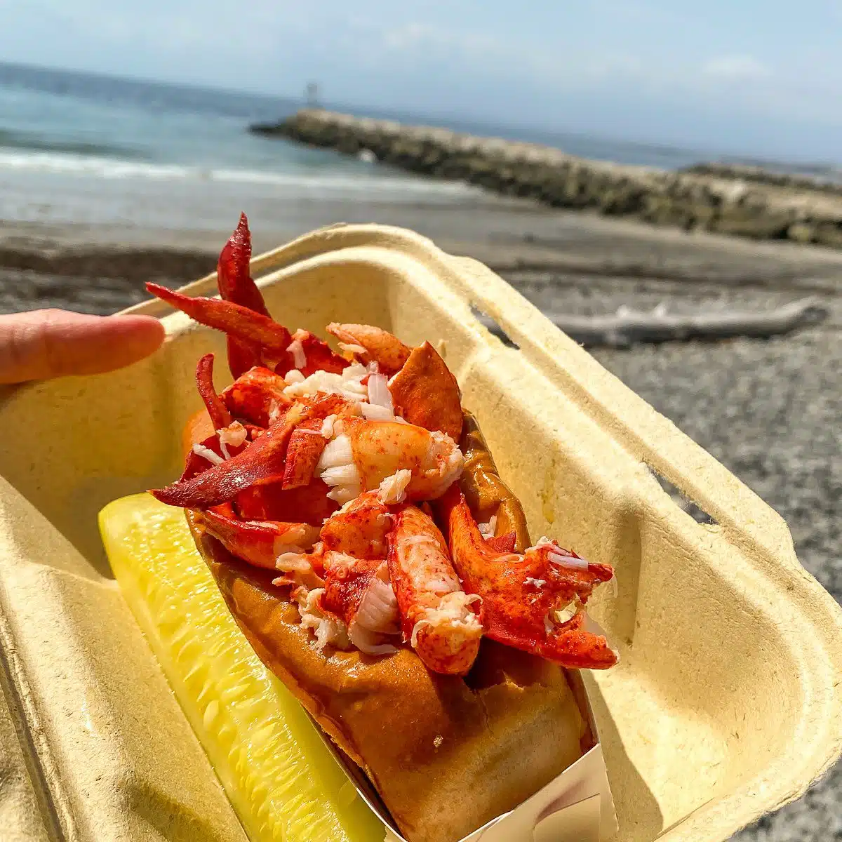 Eating lobster rolls outside in Kennebunkport, Maine.
