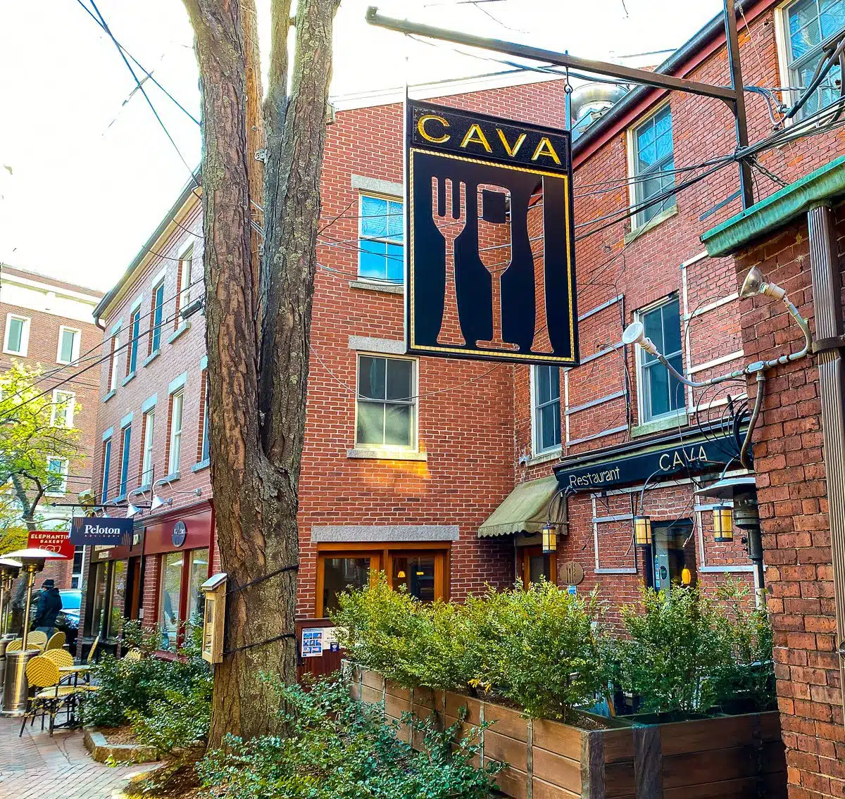 The outdoor dining patio of Cava, Portsmouth, NH.