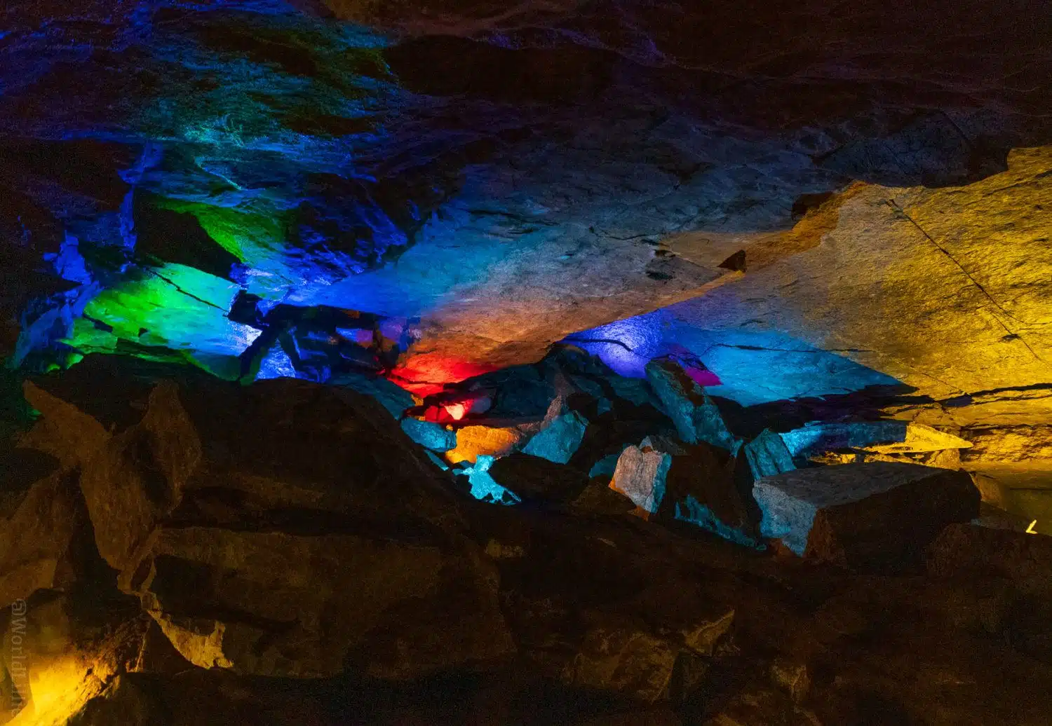 The colored lights are beautiful touch in the caverns.
