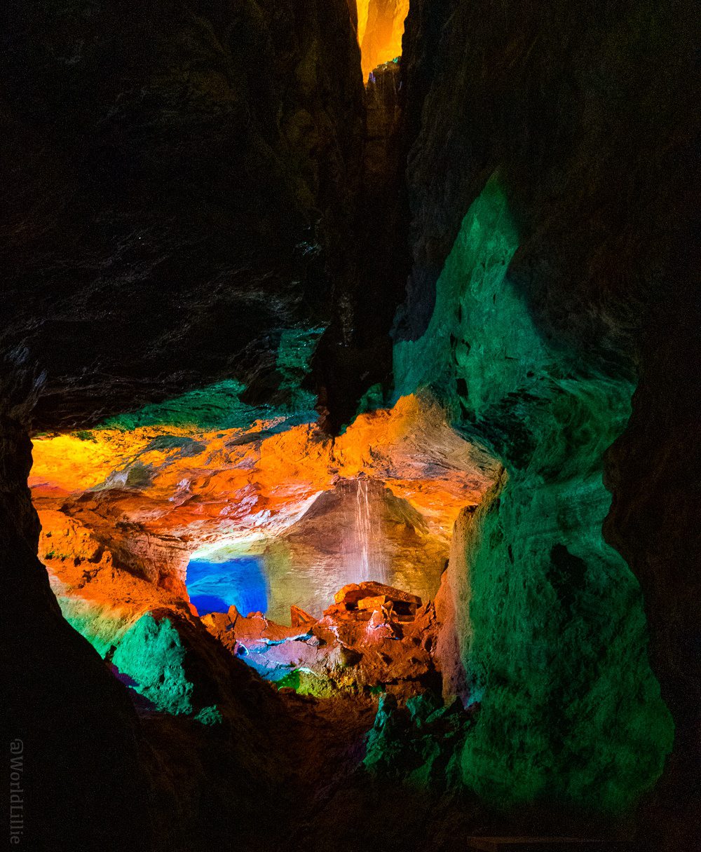 The underground waterfall of Laurel Caverns.