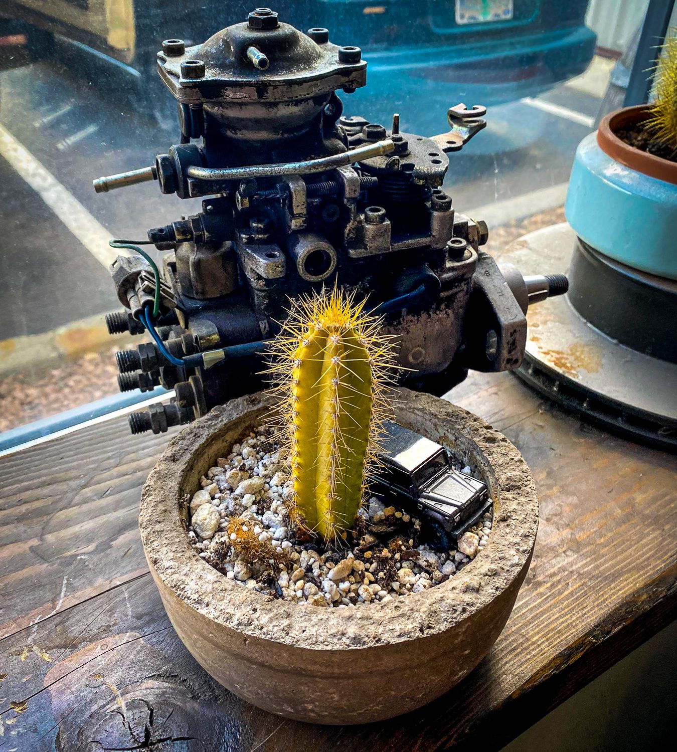 Cactus and car parts decorate a Bend, OR auto repair shop.