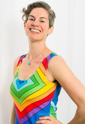 Lillie Marshall in a rainbow dress
