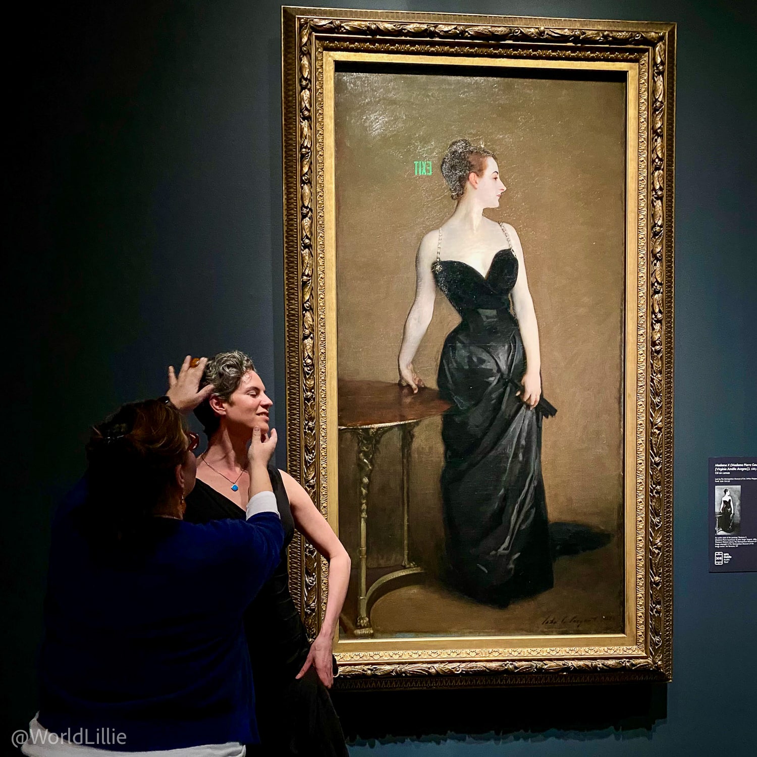 Me being "sculpted" by a friendly stranger to pose like Sargent's "Madame X."