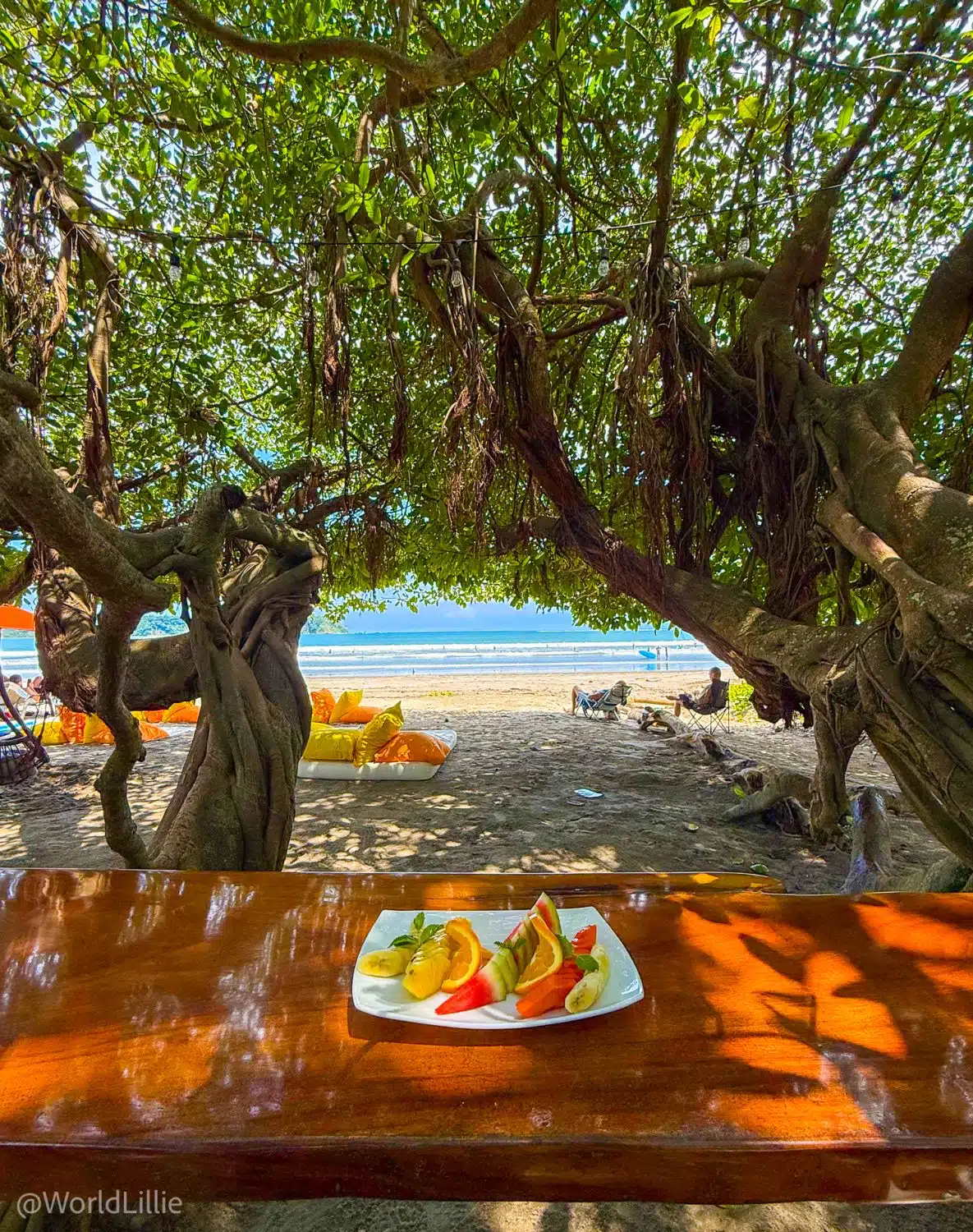 Eating fruit at a restaurant down the beach from Intercultura.