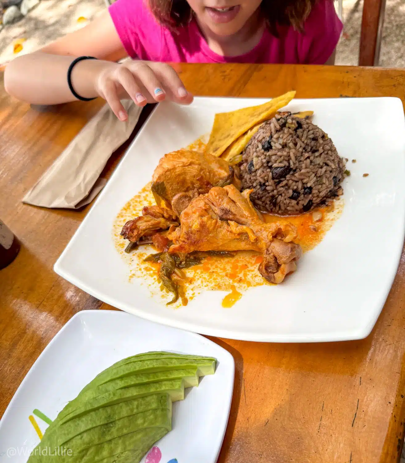 Gallo pinto: Rice and beans, protein, and tortillas.
